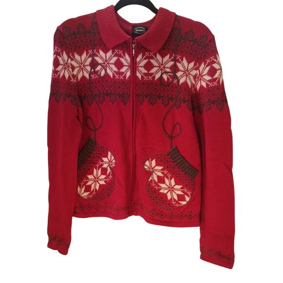 Designers Studio Originals Women's Small Red Christmas Cardigan Mitten Pockets - Picture 3 of 7